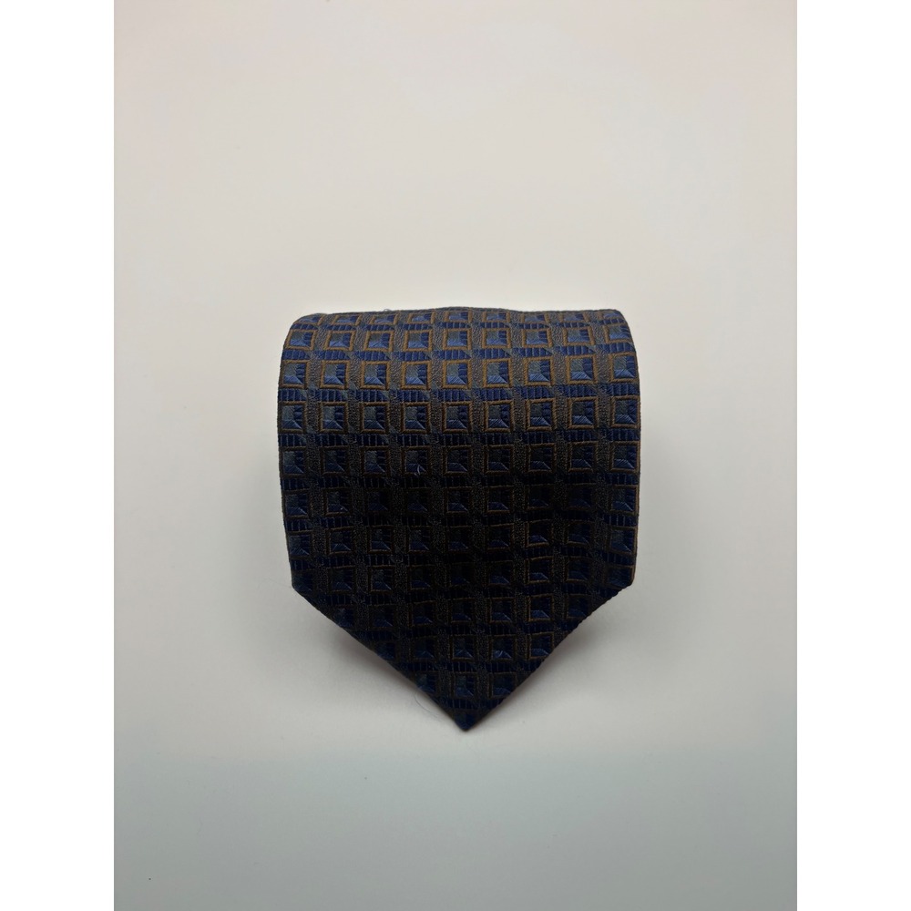 Jhane Barnes Mens Silk Necktie Navy Blue Bronze Geometric Square Pattern Tie